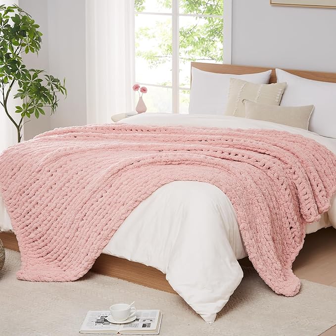 L'AGRATY Chunky Knit Blanket Throw: 72''x84'' Chenille Chunky Knitted Throw Blanket for Bed Couch - Handmade Thick Big Cable Knit Blanket - Large Chunky Crochet Rope Blanket for Home Decor(Pink)-Ruum Studio Home