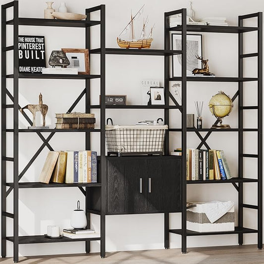70 x70 Triple 5 Tier Book Shelf, Industrial Large Bookcase with Storage Cabinet, Tall Bookshelf with 14 Open Display Shelves Metal Frame Furniture for Living Room Bedroom Home Office Black-Ruum Studio Home