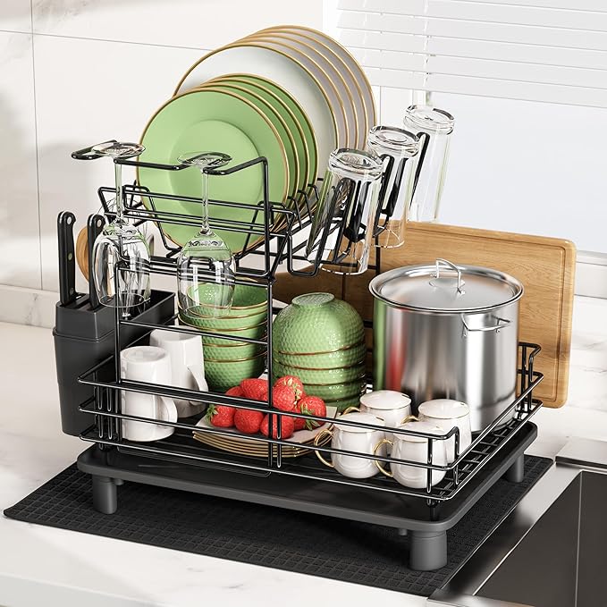 2 Tier Black Large Stainless Steel Dish Drainers Drying Rack for Kitchen Counter with Drainboard, Rust Proof Metal, Space Saving, Modern Aesthetic, Compact Plates Strainers with Extra Mat-Ruum Studio Home
