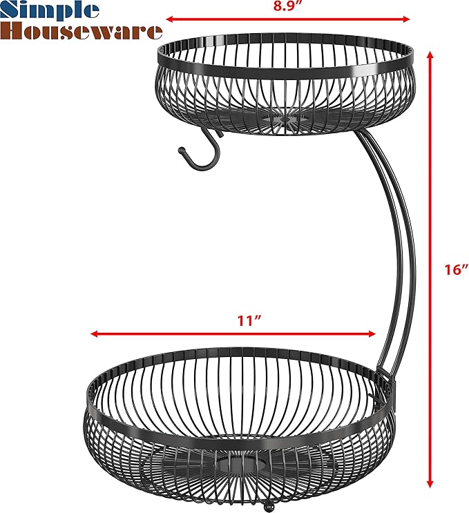 Simple Houseware 2-Tier Countertop Fruit Basket with Banana Hanger, Black-Ruum Studio Home