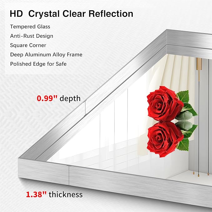 Silver Bathroom Mirror, 72x30 Inch Rectangular Deep Frame Mirror, Large Wall Mounted Bathroom Vanity Mirror Over Sink for Bedroom,Restroom, Living Room, Hangs Vertically or Horizontally-Ruum Studio Home