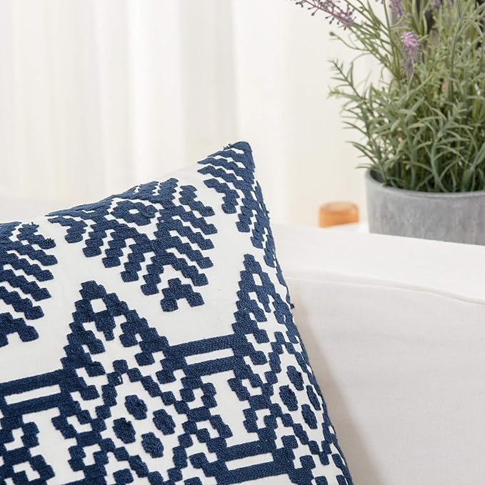 HWY 50 Navy Blue Decorative Throw Pillow Covers 18x18 Inch, Pack of 2 Embroidered Cotton Farmhouse Cushion Cover Pillow Case for Sofa Couch Living Room Bed Bedroon, Diamond Geometric Design-Ruum Studio Home