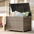 178 Gallon Outdoor Storage Box, Patio Deck Box with 2 Wheels, Handle Large Portable Wicker Rattan Deck Box for Patio Furniture Cushions, Throw Pillows, Garden Tools and Pool Floats (Gray)-Ruum Studio Home