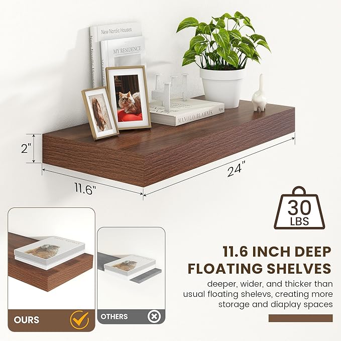 Deep Floating Shelves for Wall | 24 Inch Wide x 12 Inch Deep Floating Shelves | 24W x 12D Rustic Walnut Wide Wall Shelves | Bookshelf Laundry Shelf TV Shelf-Ruum Studio Home