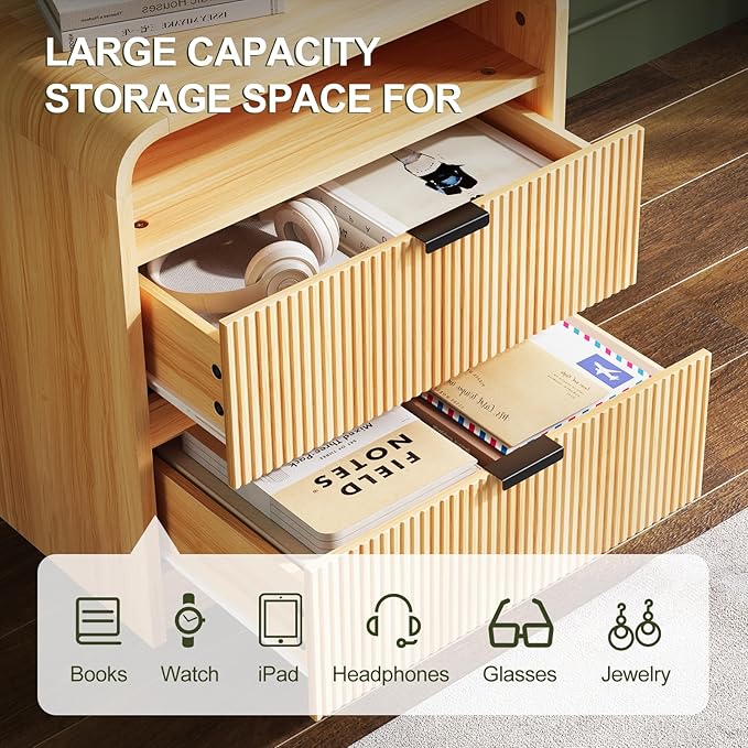 FURSUN 24" Fluted Nightstand Set of 2 with Charging Station, Wooden End Table with 2 Drawers Storage, Curved Profile Design, Modern Bedside Cabinet for Bedroom Living Room, Natural Oak-Ruum Studio Home