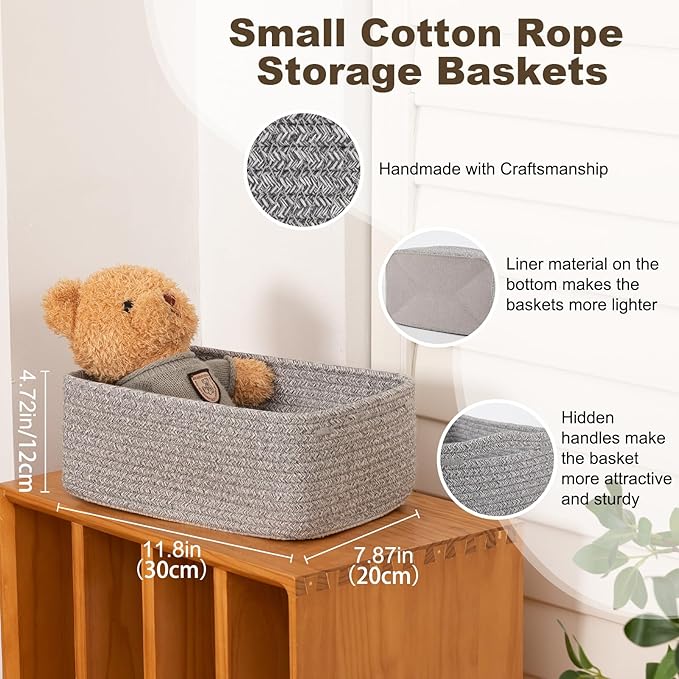 3 Pack Small Storage Baskets for Organizing, Cute Woven Decorative Gift Baskets for Shelves, Mini Closet Organizer Bins with Handles, 11.81''Lx7.87''Wx4.72''H-Grey-Ruum Studio Home