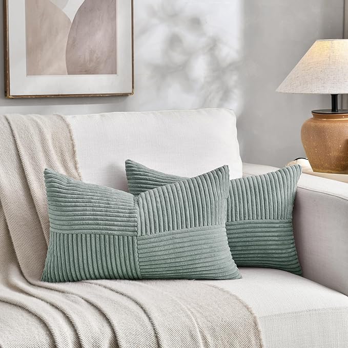 Fancy Homi 2 Packs Grey Blue Lumbar Decorative Throw Pillow Covers 12x20 Inch for Couch Bed Sofa, Rustic Farmhouse Boho Home Decor, Soft Striped Corduroy Rectangle Accent Cushion Case 30x50 cm-Ruum Studio Home