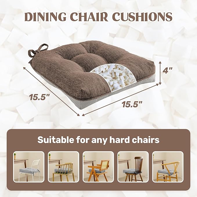 puredown® Chair Cushions for Dining Chairs, Tufted Memory Foam Chair Pads with Non-Slip Backing, Kitchen Seat Cushions with Ties, Washable Seat Pad Set of 4, 15.5" x 15.5" x 4", Coffee-Ruum Studio Home