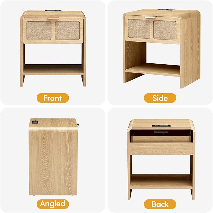 LEVNARY Nightstand with Charging Station, Mid-Century Modern Bedside Table with Curved Top Corners and Fabric-Like Textured Drawer, Wooden End Table for Farmhouse Bedroom Living Room (1, Natural)-Ruum Studio Home