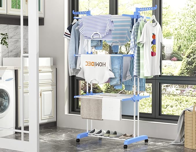 HOMIDEC Clothes Drying Rack, Large 4-Tier Foldable Drying Rack Clothing(67.7H x 19.7W x 30L Inches), Movable Drying Rack with 4 castors. Multifunctional Stainless Steel Laundry Drying Rack, Blue-Ruum Studio Home