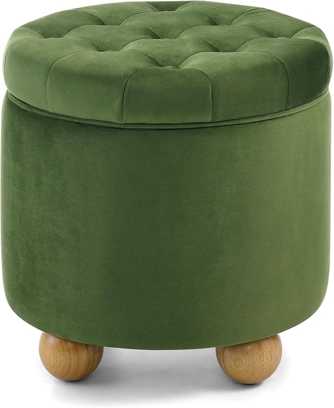 Furniliving Upholstered Button Tufted Round Ottoman, Velvet Storage Ottomans Round, Removable Lid Convenient Footstools, Bedroom Ottoman with Storage for Vanity, Living Room, Green-Ruum Studio Home