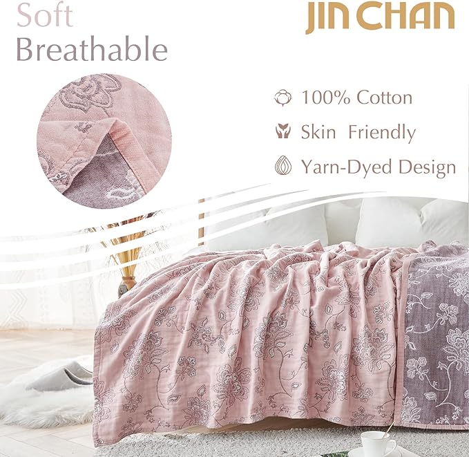 jinchan Boho 100% Cotton Muslin Queen Size 80x90 Inches Blanket Lightweight 4-Layer Quilted Soft Pink Multi Floral Throw Blanket Reversible Comfy Flower Rustic All Seasons Couch Bedroom Decor-Ruum Studio Home
