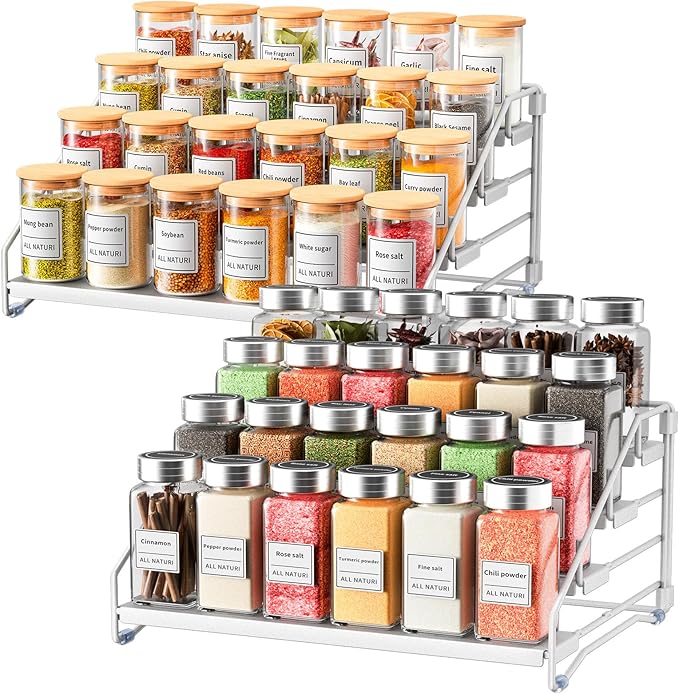 RCHYFEED 4 Tier Spice Rack Organizer, Spice Organization for Cabinet,Pantry, Countertop,Tiered Spice Rack Easy Visibility,Depth Expandable Seasoning Shelf for Kitchen Cabinet Organizer,Silver,2 PACK-Ruum Studio Home