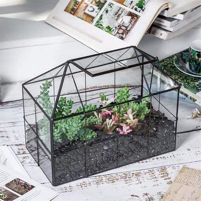 NCYP Glass Terrarium Planter with Lid for Small Succulent Cacti, Grid House Shape Black Geometric Terrarium Pot, Home Garden Indoor Tabletop Decor, 9.84" x 5.31" x 7.87" (No Plants)-Ruum Studio Home