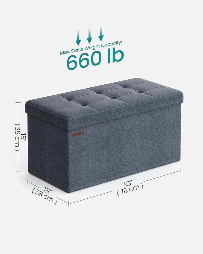 SONGMICS Mazie Collection - 30 Inches Folding Storage Ottoman Bench, Ottoman Foot Rest, End of Bed Bench, Storage Chest, Load 660 lb, for Living Room, Bedroom, Entryway, Misty Blue ULSF047Q01-Ruum Studio Home