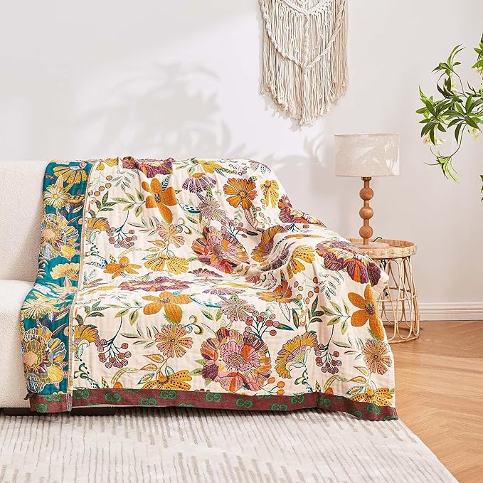 Boho Throw Blanket, 100% Cotton Ultra Soft Luxury Throw Rustic Quilt, 80"x90" Floral Printed Farmhouse Decor Bed Summer Blankets, All Season Rustic Reversible Bohemian Throw for Bed - White-Ruum Studio Home