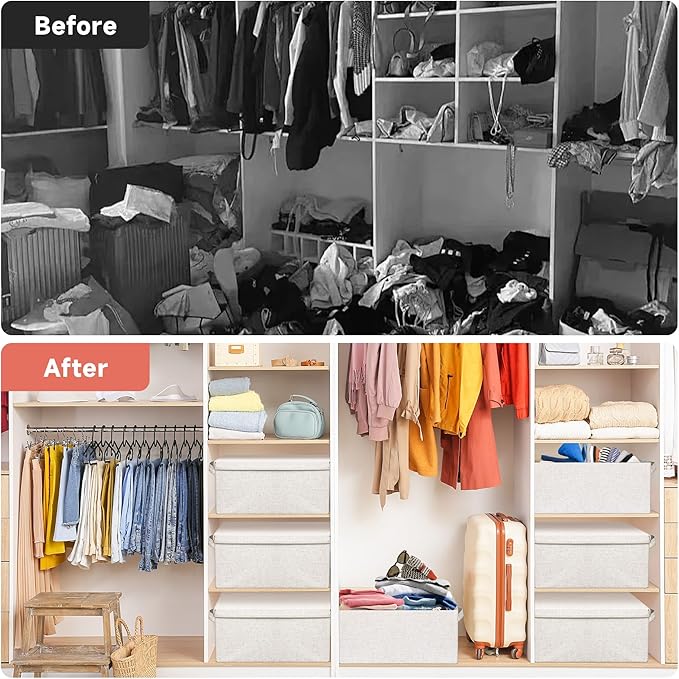 Large 17''x12'' Quart Collapsible Stackable Storage Bins with Lids, 2 Packs Off White Fabric Closet Boxes with Lids, Storage Cube Baskets Container Organizers for Bedroom Office(17''x12.2x''8'')-Ruum Studio Home
