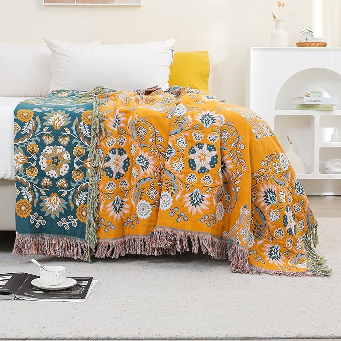 Boho Throw Blanket for Bed,100% Cotton Ultra Soft Lightweight Muslin 4-Layer Breathable Woven Throws 80''x 90'' Blanket Yellow Floral Printed Farmhouse Decor Bed Blankets-Ruum Studio Home