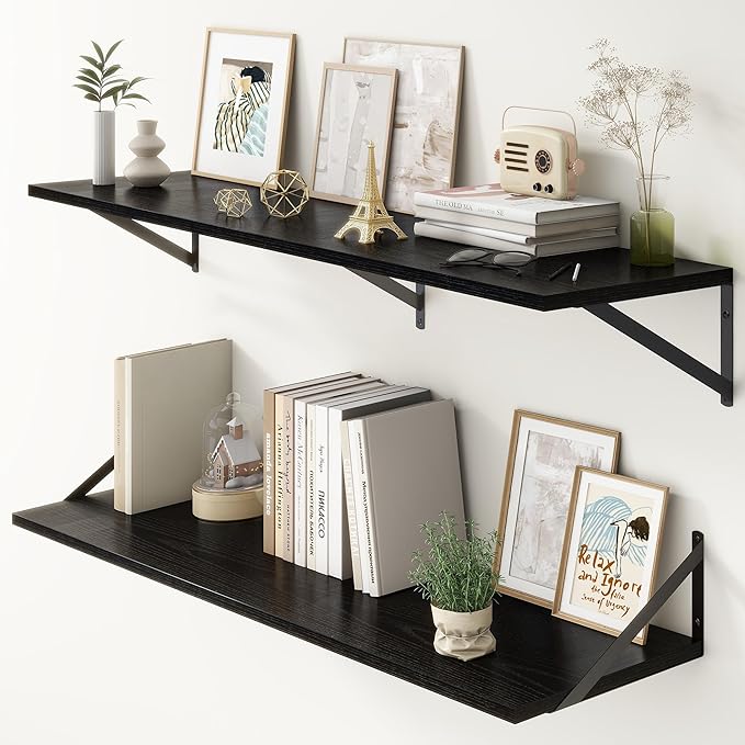 12 Inch Deep Floating Shelves, Black Floating Shelves 48W x 12D, Deep Wall Shelves Bracket Set of 2, Large Display Hanging Floating Shelf for Bathroom, Living Room, Wide Storage Wooden Wall Shelf-Ruum Studio Home