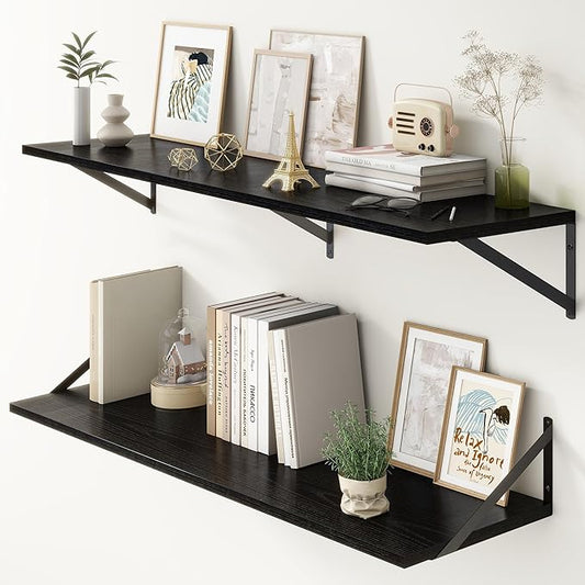 12 Inch Deep Floating Shelves, Black Floating Shelves 48W x 12D, Deep Wall Shelves Bracket Set of 2, Large Display Hanging Floating Shelf for Bathroom, Living Room, Wide Storage Wooden Wall Shelf-Ruum Studio Home