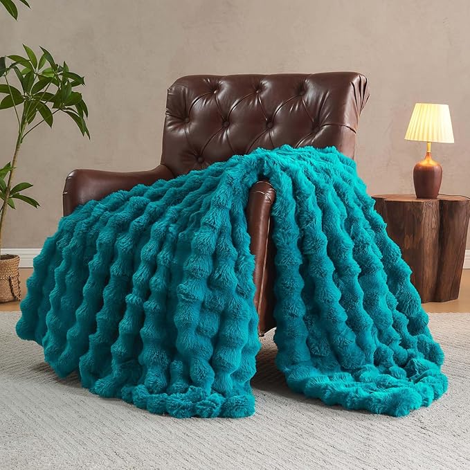 Lotus Karen Faux Fur Throw Blanket Teal - Big Bubble Rabbit Fluff Blanket for Couch Bed Sofa,Softest Fluffy Fuzzy Cozy Blanket,Thick Furry Plush Shaggy Warm Blankets for Women,60x80 Inches-Ruum Studio Home