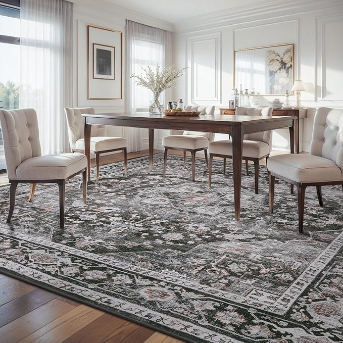 AMOAMI-Area Rug 8X10 Rugs for Living Room-Vintage Soft Black Rugs for Bedroom-Non Slip Carpet-Washable Rug for Dining Room Living Room Bedroom Office Under Table Dark Grey & Black-Ruum Studio Home