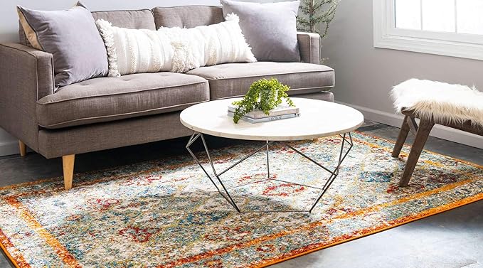 Unique Loom Rosso Collection Vintage, Traditional, Bohemian, Geometric, Distressed, Southwestern Area Rug, 5' 0" x 8' 0", Beige/Orange-Ruum Studio Home