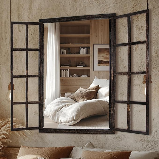 Wall Mirror with Window Design, 38"x26" Rustic Farmhouse Wood Mirror for Wall Decor, Decorative Vintage Mirror for Living Room, Bedroom, Entryway-Ruum Studio Home