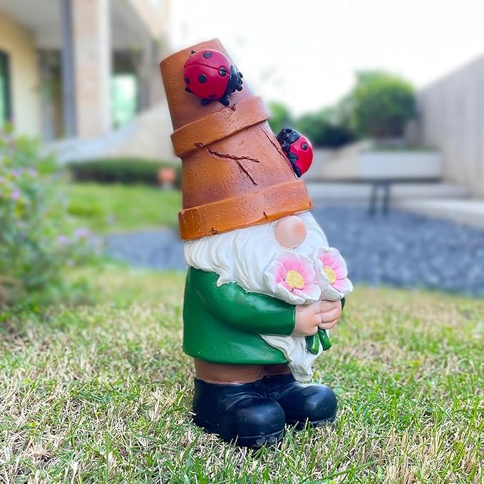 COWOS Garden Gnome Statues Outdoor Decor, Solar Gnomes with LED Lighted Flowers, Solar Resin Outdoor Statue Sculpture, for Woman Gift Home and Garden Decor-Ruum Studio Home