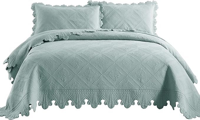 MarCielo 3-Piece 100% Cotton Oversized Bedspread Lightweight Quilt Coverlet Embroidery Farmhouse Bedding Set (Tk Aqua Green, Oversized Queen (100"x106"))-Ruum Studio Home