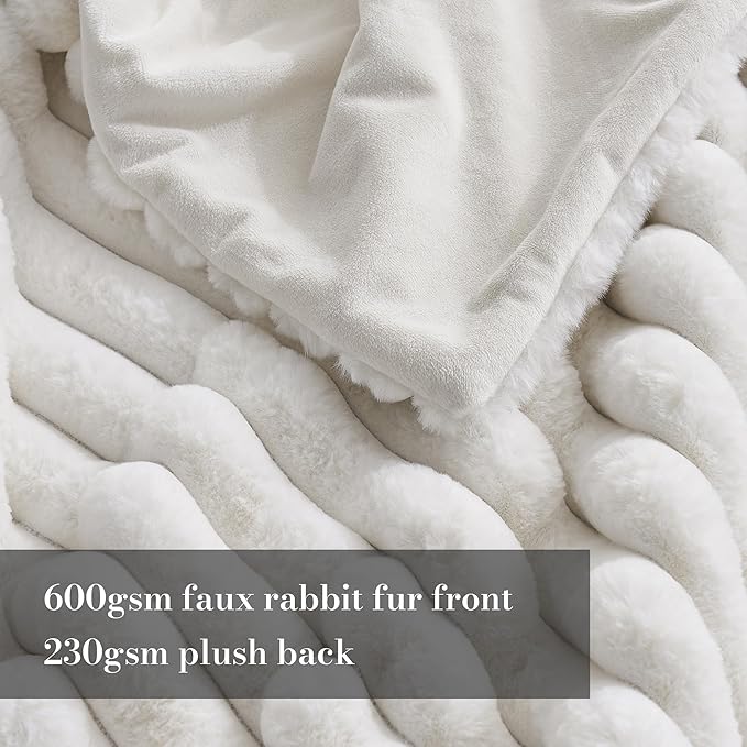 Amélie Home Faux Fur Throw Blanket for Couch, Cozy Fuzzy Fluffy Fur Luxurious Soft Striped Plush Gift Blankets for Family Sofa Chair Bed Living Room Bedroom, 60"x80", Ivory-Ruum Studio Home