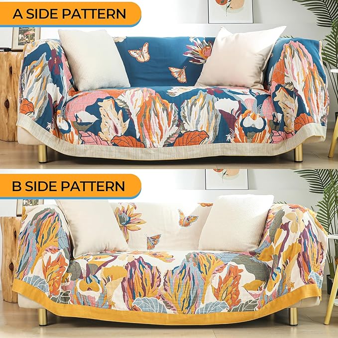 Boho Large Throw Blanket 90" x 98",100% Cotton Soft Sofa Bed Throw-Floral Butterfly Decor Blanket Reversible Bohemian Luxury Throw for Couch Sofa Chair Travel-Ruum Studio Home
