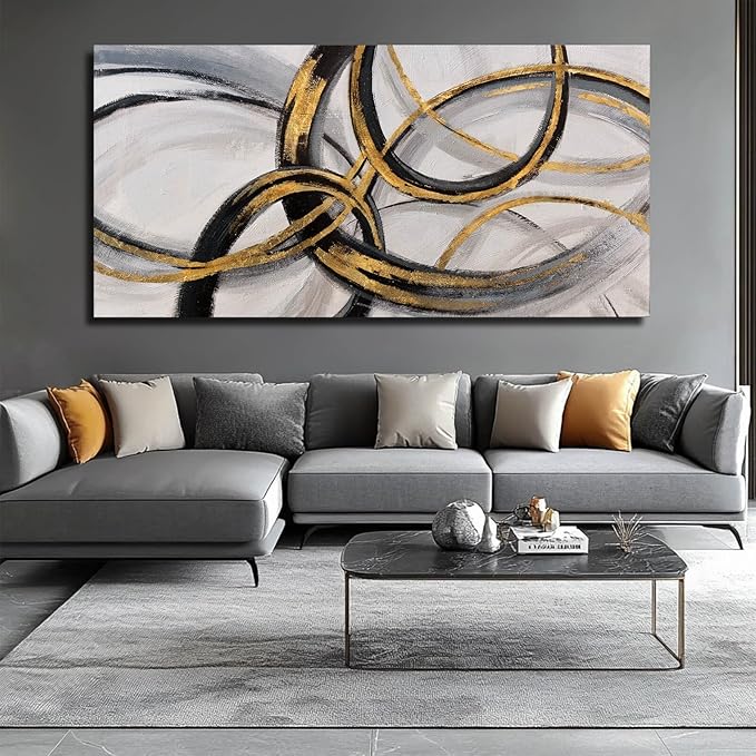 SOUGUAN Living Room Decor for Wall Abstract Wall Art 30x60in Black and Gold Wall Art Round Ring Wall Decoration for Bedroom Dining Room Home Office Ready to Hang-Ruum Studio Home