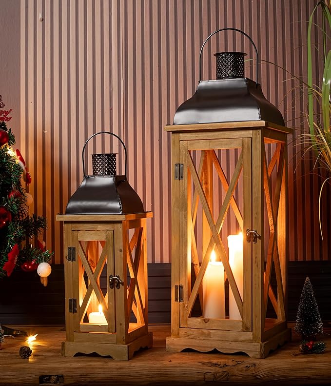 Farmhouse Wooden Metal Candle Lantern Set of 2, Rustic Large Decorative Floor Lanterns, Indoor/Outdoor Hurricane Lantern for Home Decor (No Glass)-Ruum Studio Home