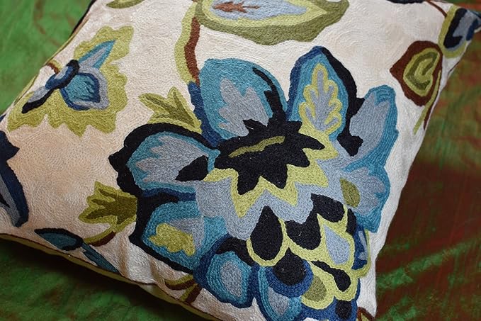 Modern Cream Decorative Floral Pillow Cover Needlepoint White Flower Hand Embroidered Pillowcase Flowery Outdoor Suzani Accent Cushion Boho Chair Modern Chair Pillowsham Wool Size 18x18-Ruum Studio Home