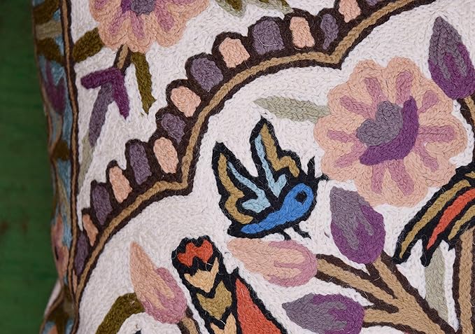 Tree of Life Pillow Cover Lavender Floral Pillowcase Botanical Flower Pillows Plants Farmhouse Traditional Chair Cushions Needlepoint Hand Embroidered Wool Size - 18x18-Ruum Studio Home