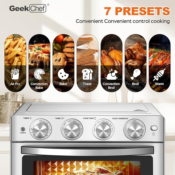 Geek Chef 26 QT Air Fryer Oven, Big Air Fryer, Toast Oven with Bake, Roast, Pizza, Easy to Use & Clean, 6 Slice Toast, Stainless Steel-Ruum Studio Home