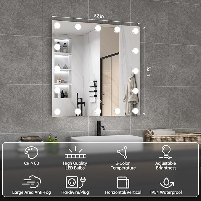 Hasipu LED Bathroom Mirror with Lights, 32" x 32" Hollywood Wall-Mounted Bathroom Mirror with 16 Dimmable Bulbs, 3 Colors Modes, Touch Control, Anti-Fog, Memory Function, Shatter-Proof, ETL Listed-Ruum Studio Home