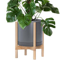 D'vine Dev Ceramic Planter with Natural Stand - 12 Inch Modern Round Flower Pot with Wood Planter Holder, Grey, 55-B-J-3-Ruum Studio Home
