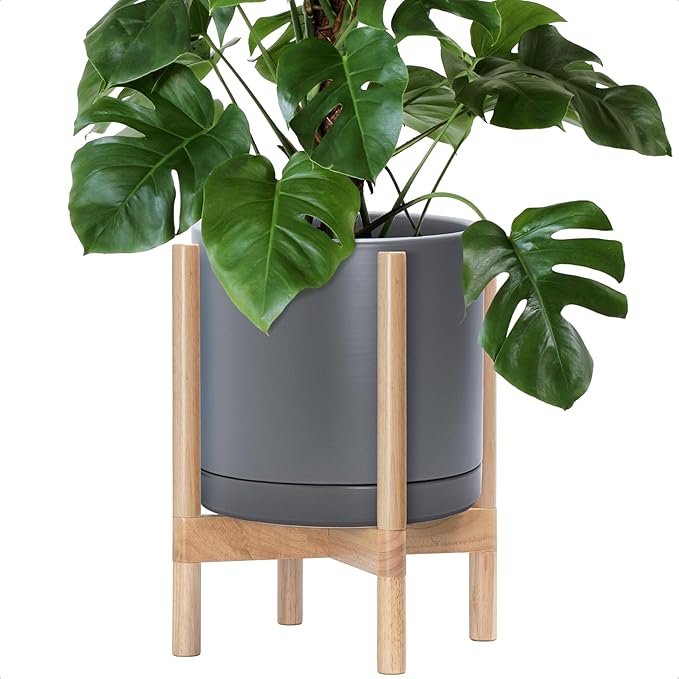 D'vine Dev Ceramic Planter with Natural Stand - 12 Inch Modern Round Flower Pot with Wood Planter Holder, Grey, 55-B-J-3-Ruum Studio Home