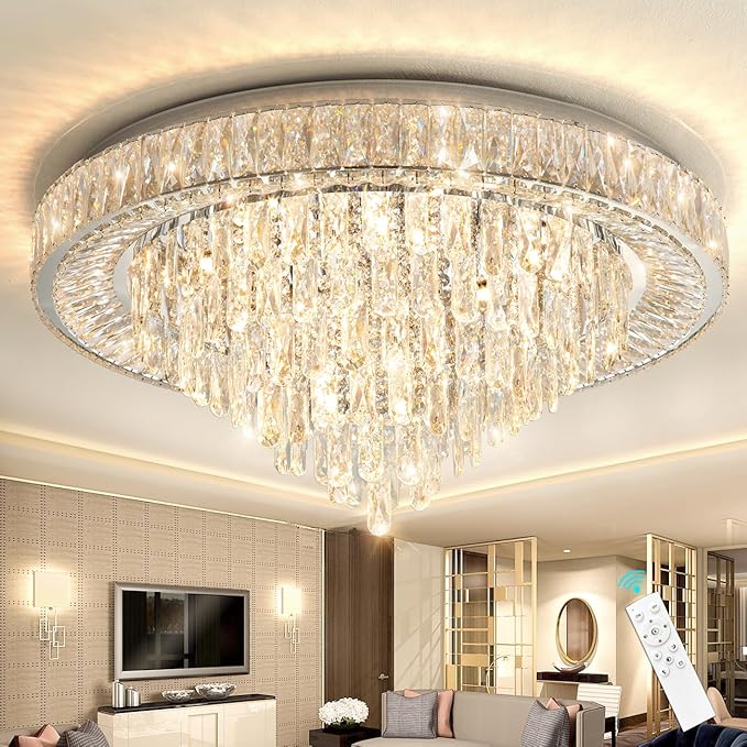 Modern Chandeliers for Living Room Crystal Ceiling Light Fixture LED Dimmable Lamp with Remote Pendant Lighting Flush Mount Ceiling Lighting for Dining Room Bedrooms-Ruum Studio Home