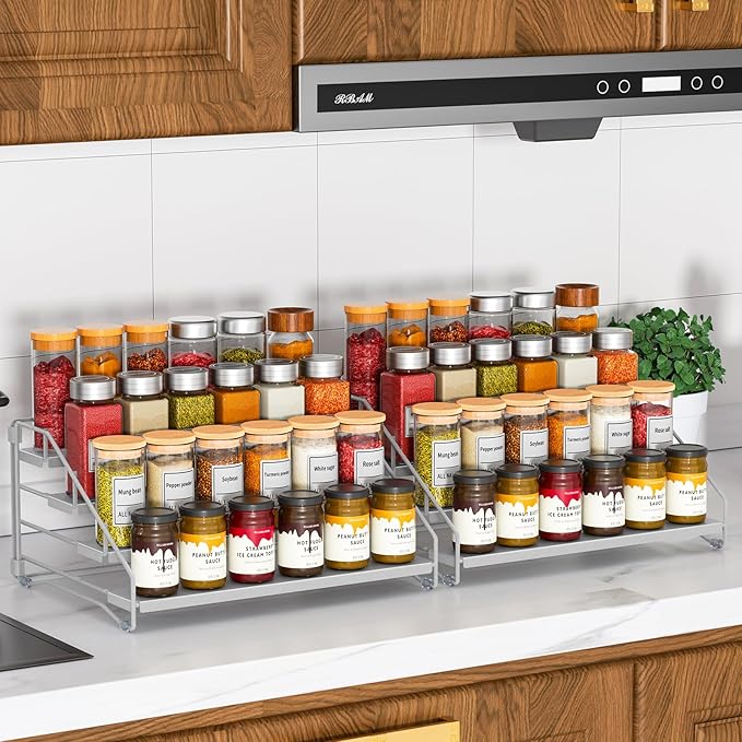 RCHYFEED 4 Tier Spice Rack Organizer, Spice Organization for Cabinet,Pantry, Countertop,Tiered Spice Rack Easy Visibility,Depth Expandable Seasoning Shelf for Kitchen Cabinet Organizer,Silver,2 PACK-Ruum Studio Home
