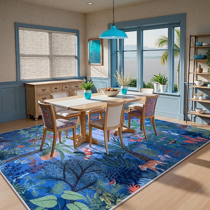 LIVEBOX Washable Jungle Animal Print Rugs 9x12 Blue Rugs for Living Room, Stain Resistant Soft Kids Area Rugs for Bedroom, Non-Skid Modern Dining Room Rug Floor Carpet for Playroom Kids Nursery-Ruum Studio Home