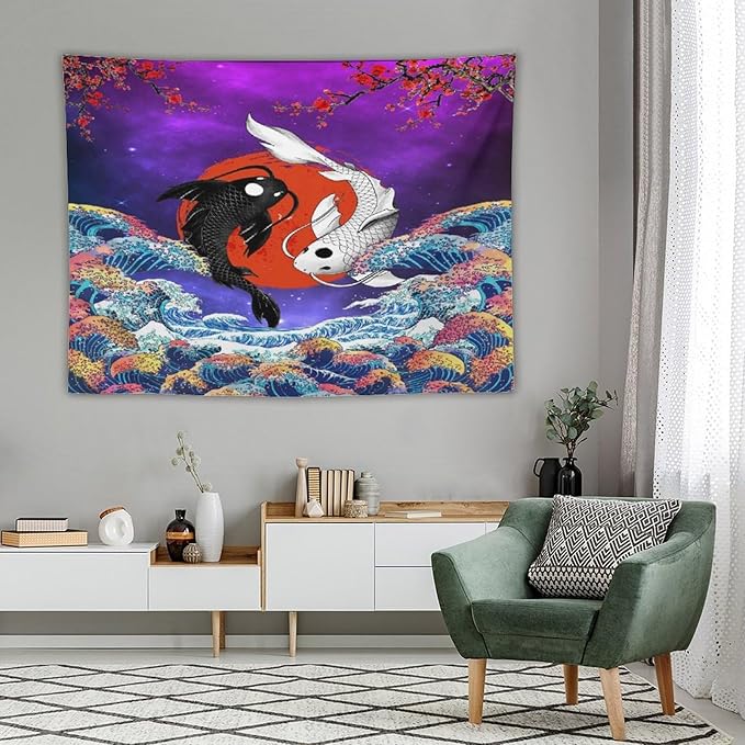 Houselerax Japanese Koi Fish Tapestry, Yin Yang Big Wave Cherry Blossom Tapestries Wall Hanging for Bedroom Living Room Office Decor 80"x60"-Ruum Studio Home