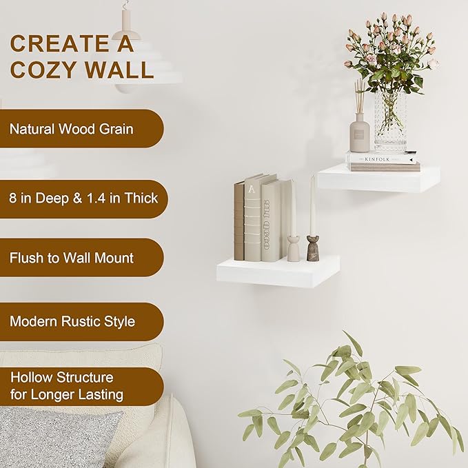 8 Inch Deep Floating Shelves White, Rustic Wood Floating Shelf for Home Decor, 8 x 8 Inch Square Wall Shelves, Wooden Storage & Display Shelves for Kitchen, Bathroom, Living Room, Set of 2-Ruum Studio Home