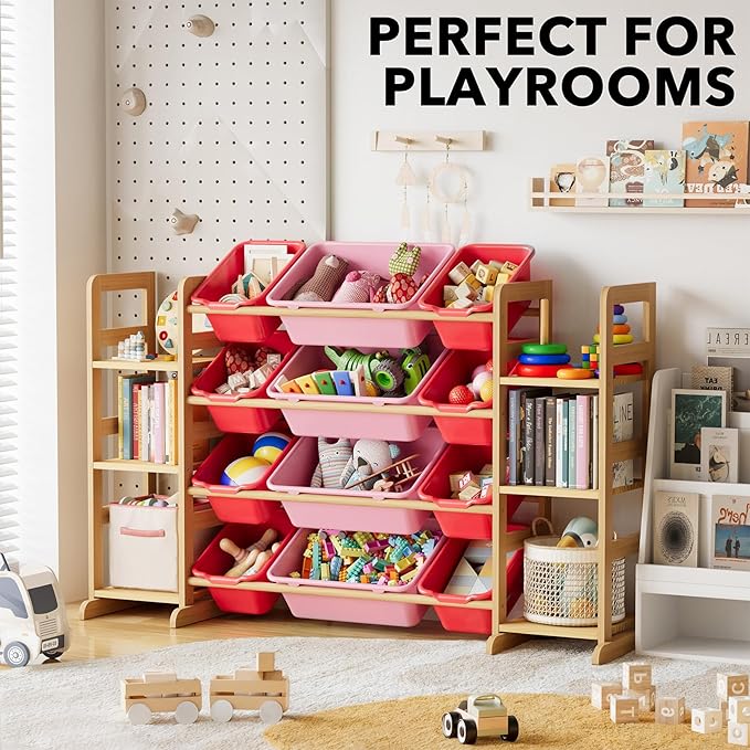 SpaceAid Toy Storage Organizer with 6 Shelves and 12 Bins, Toy Organizers Storage Bookshelf, Kids Bin Shelf Toys Box Bookcase for Bedroom Playroom Organization Room Decor, Red and Pink-Ruum Studio Home