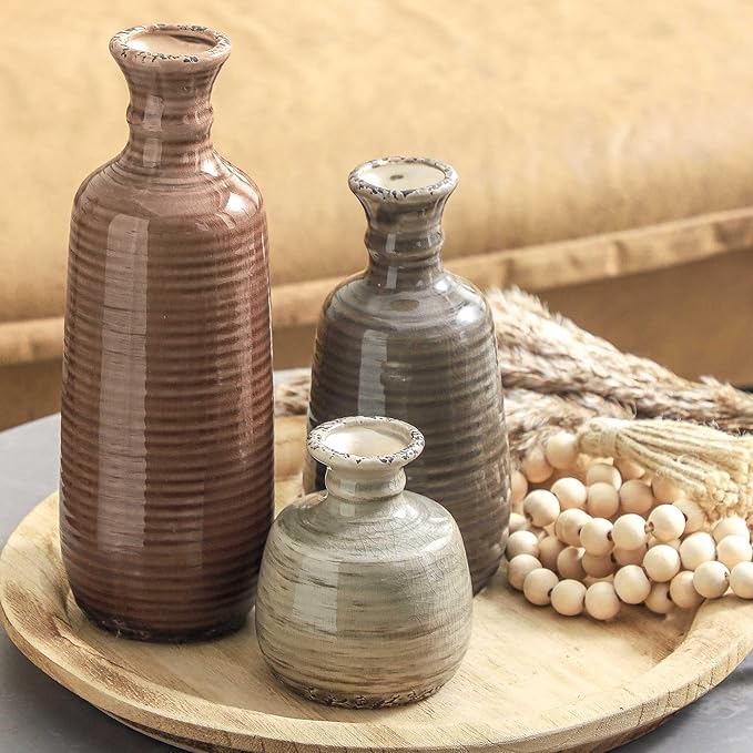 Ceramic Vases Set of 3, Neutral Rustic Farmhouse Vases Home Decor Decorative Flower Vase Modern Boho Pampass Vase for Table Mantel Entryway Shelf Living Room Kitchen Bathroom - Brown-Ruum Studio Home