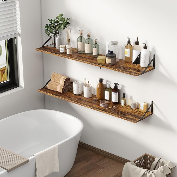 Fun Memories Deep Floating Shelves, 55W x 12D Floating Shelves for Wall, Wood Floating Shelf with Bracket, Wide Display & Storage Wall Shelves for Living Room, Bedroom, Rustic Brown-Ruum Studio Home