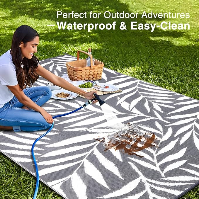 OLANLY Waterproof Outdoor Rug 9x12 ft, Reversible Outdoor Plastic Straw Rug with Leaf Pattern, RV Mat, Indoor Outdoor Carpet for Patio, Camping, Balcony, Deck, Backyard, Grey & White-Ruum Studio Home