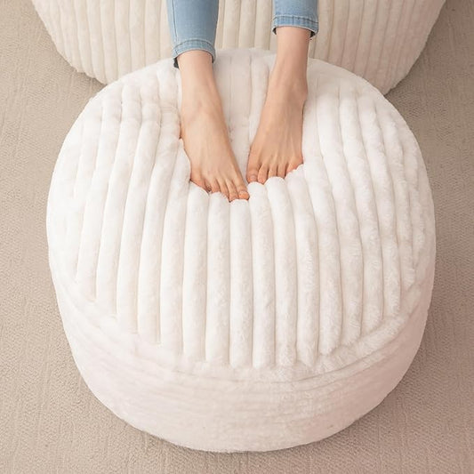 HIGOGOGO Round Stuffed Pouf Ottoman, Stripe Faux Fur Poufs with Foam Chunk Filling, Furry and Fluffy Pouf Foot Stool Storage Ottoman, 26 X 18 Floor Poufs Foot Rest for Living Room, Beige-Ruum Studio Home